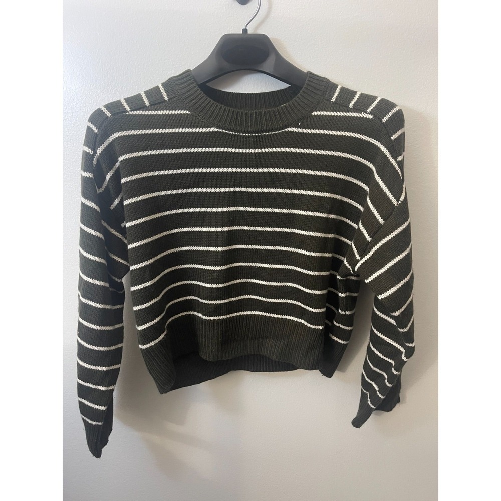 T Tahari Olive Green White Striped Crew Neck Knit Sweater Medium Boxy Cropped